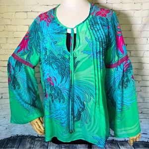 Hale Bob Printed Silk Floral Top Blouse Sheer Bell Sleeve Tunic Size Small EUC